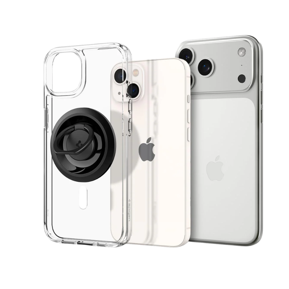 Spigen MagSafe phone holder with transparent case and black magnetic ring grip