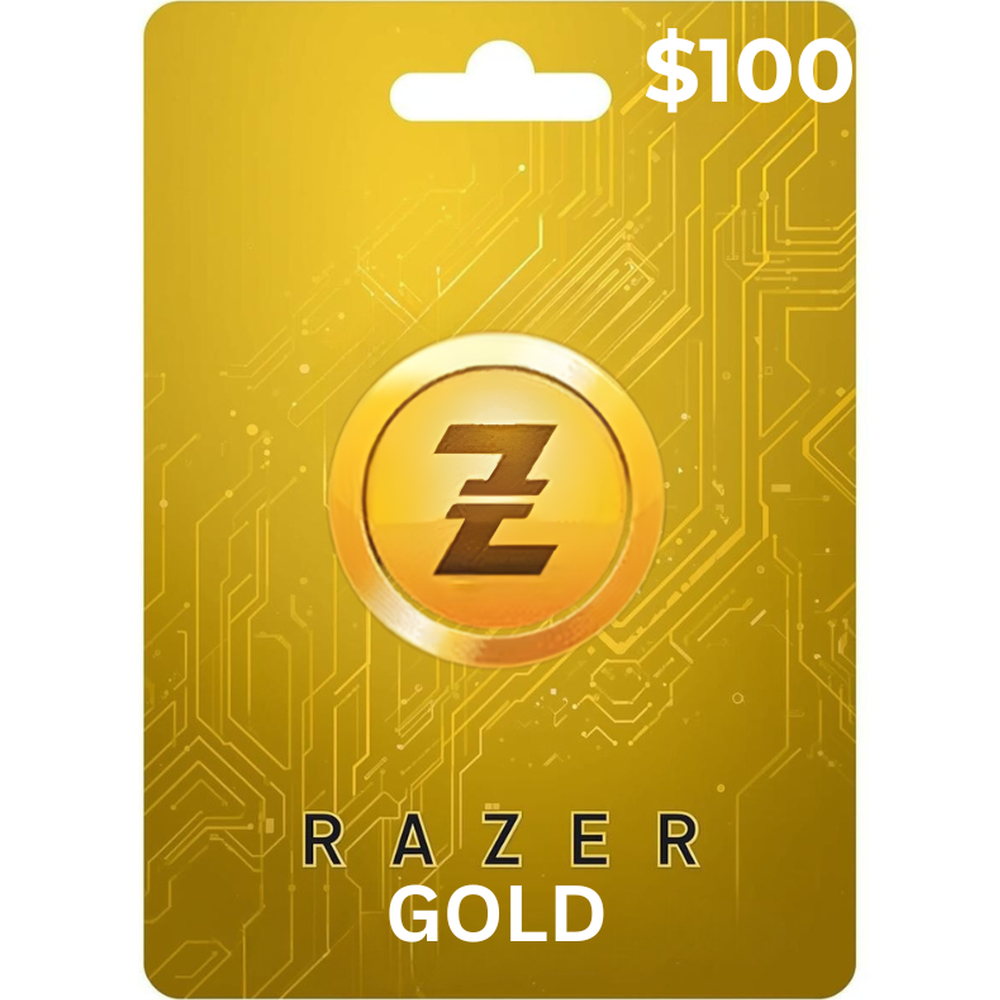 $100 Razer Gold digital gift card with gold circuit pattern and Z emblem for gaming top-ups