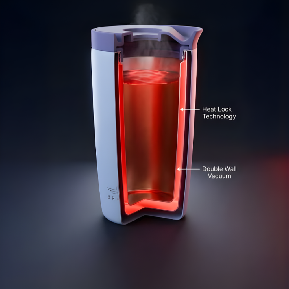 Brave travel mug cross-section showing double wall vacuum insulation