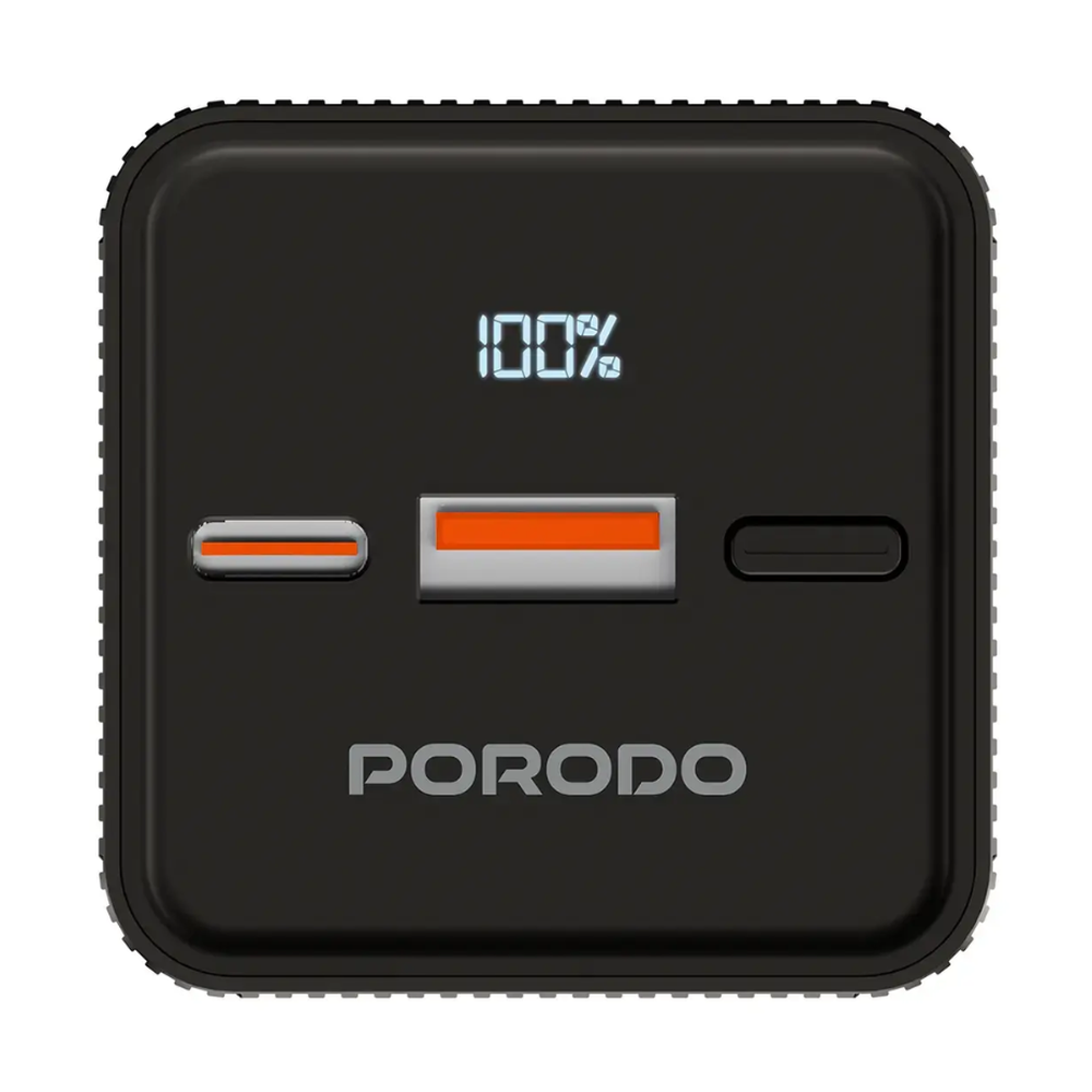 Black Porodo power bank showing blue battery indicator and USB-C port