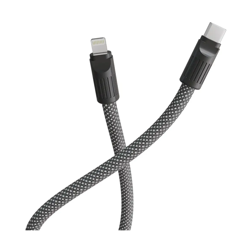 Close-up of Levelo black braided USB-C to Lightning connector ends with strain relief