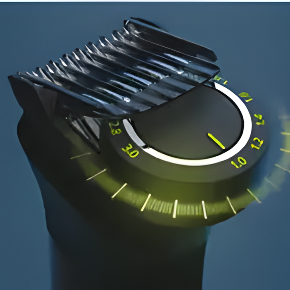 Philips grooming attachment dial showing precise length settings from 1.0 to 3.0 mm