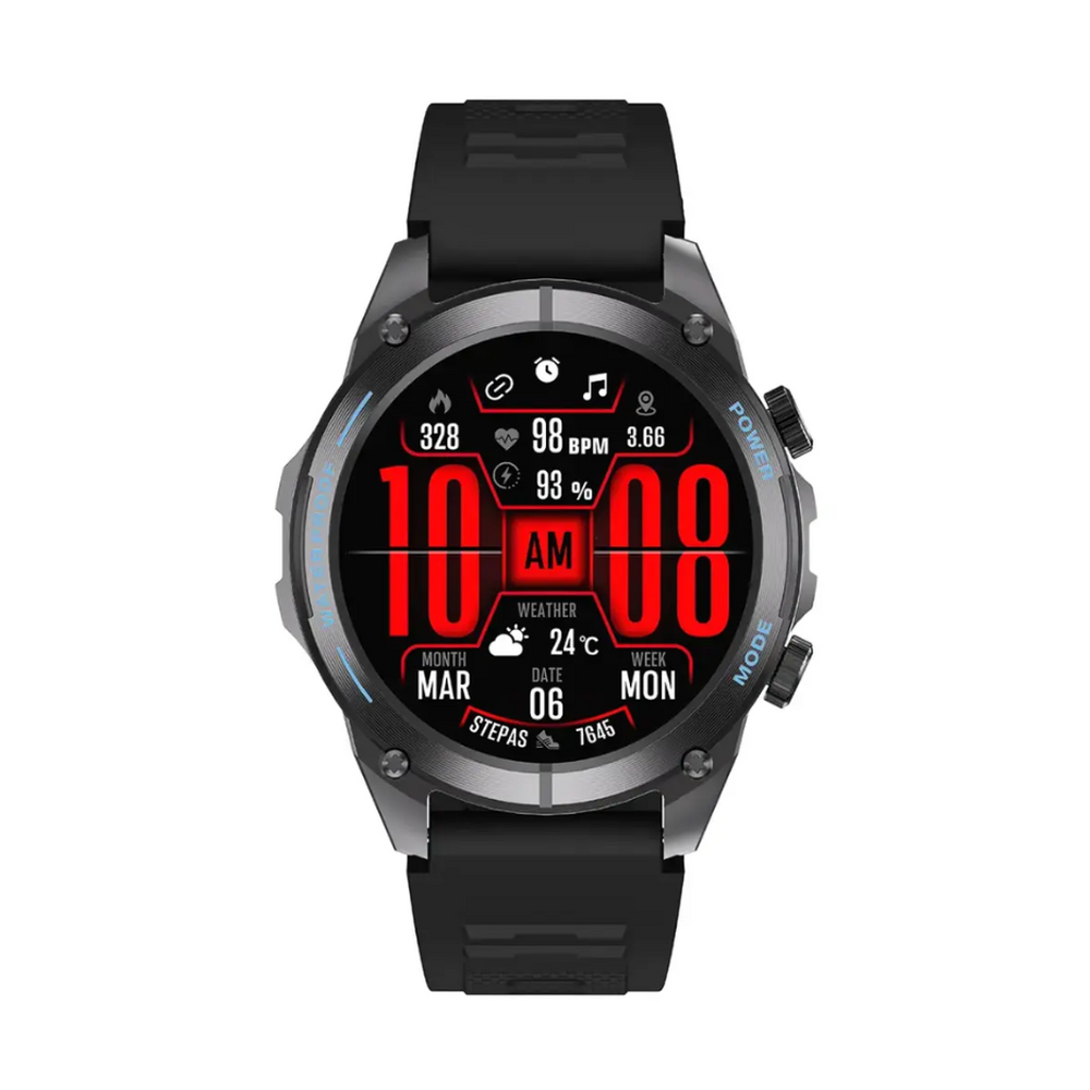 Dark gray Powerology Titan GPS watch showing health metrics and red digital time