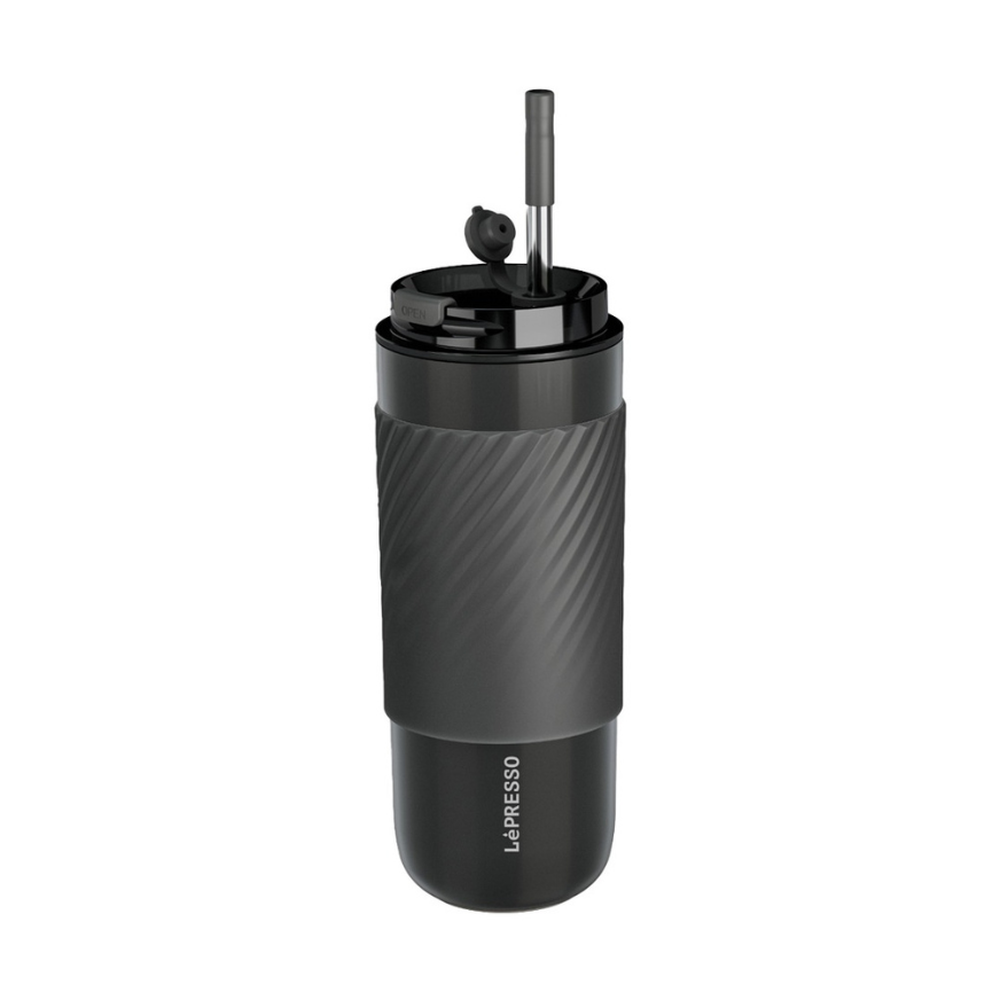 Matte black Lepresso insulated tumbler with ribbed grip and lever