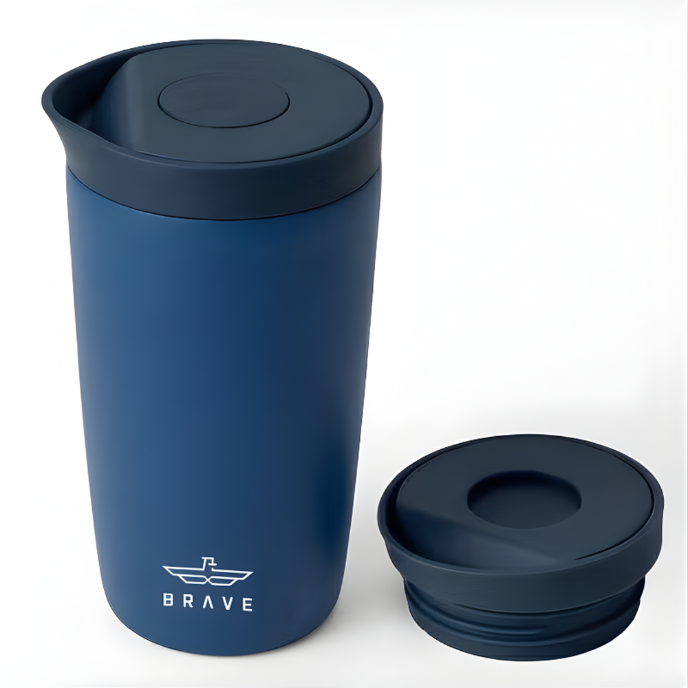 Brave navy blue matte travel mug with flip-top lid and ship logo