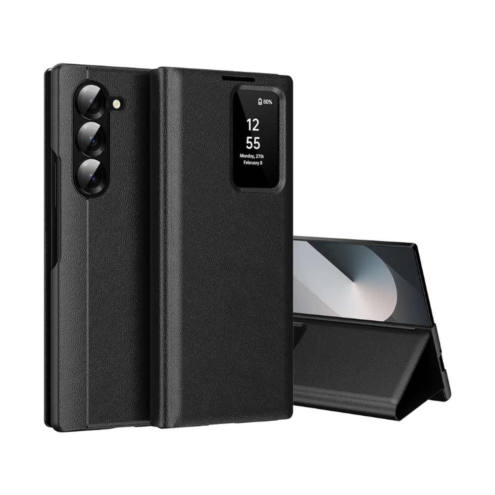 Black Galaxy Z Fold 6 Smart View wallet case with triple-camera cutout and stand feature