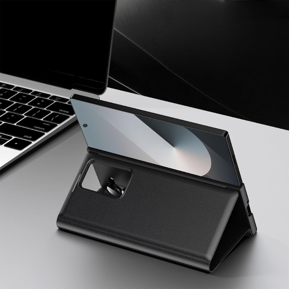 Black Galaxy Z Fold 6 S-View case in stand mode showing camera cutout