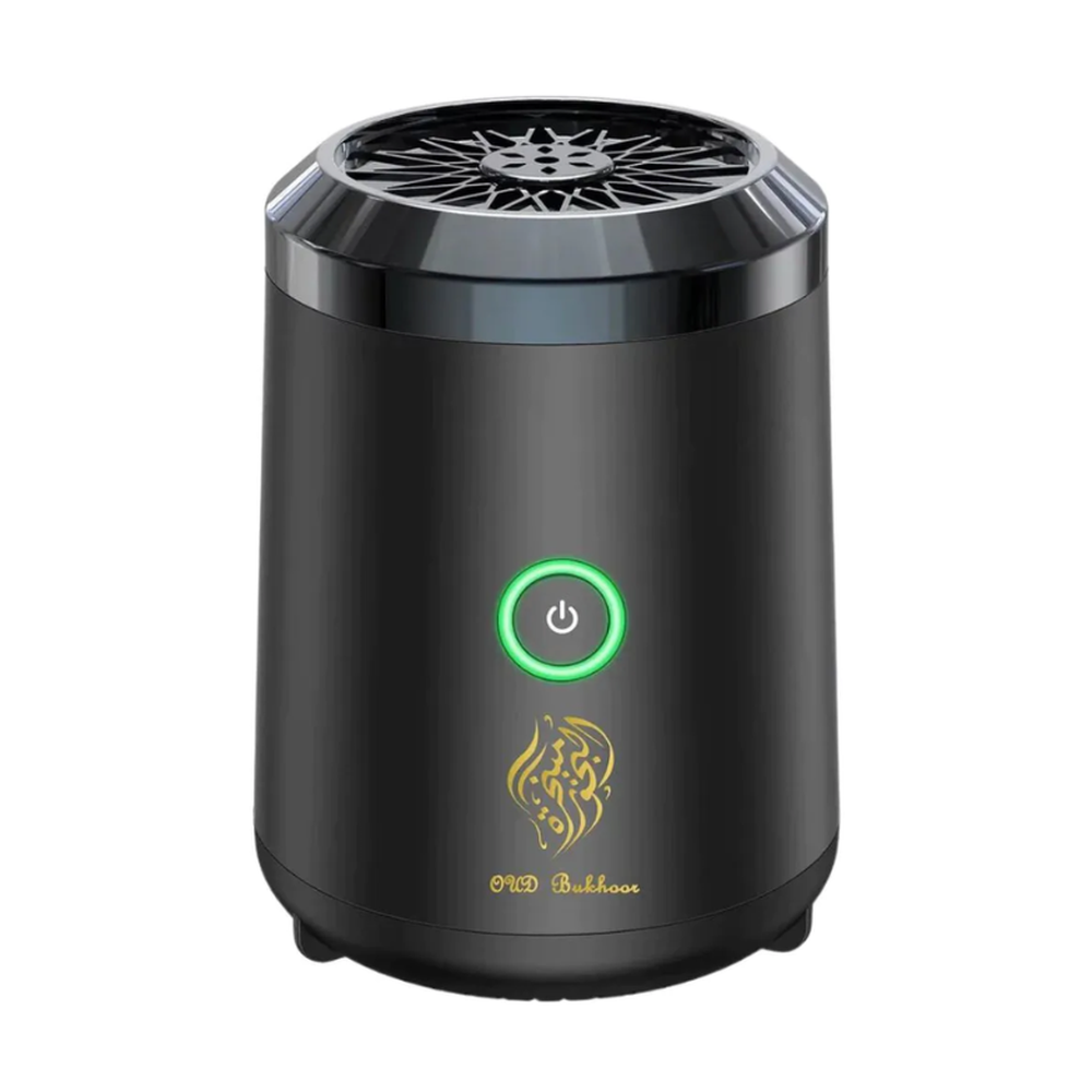 Front view of black cylindrical smokeless bakhoor burner with green power light