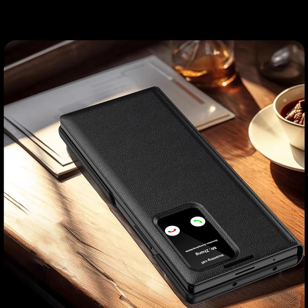 Black Galaxy Z Fold 6 Smart View wallet case with leather texture and call display window