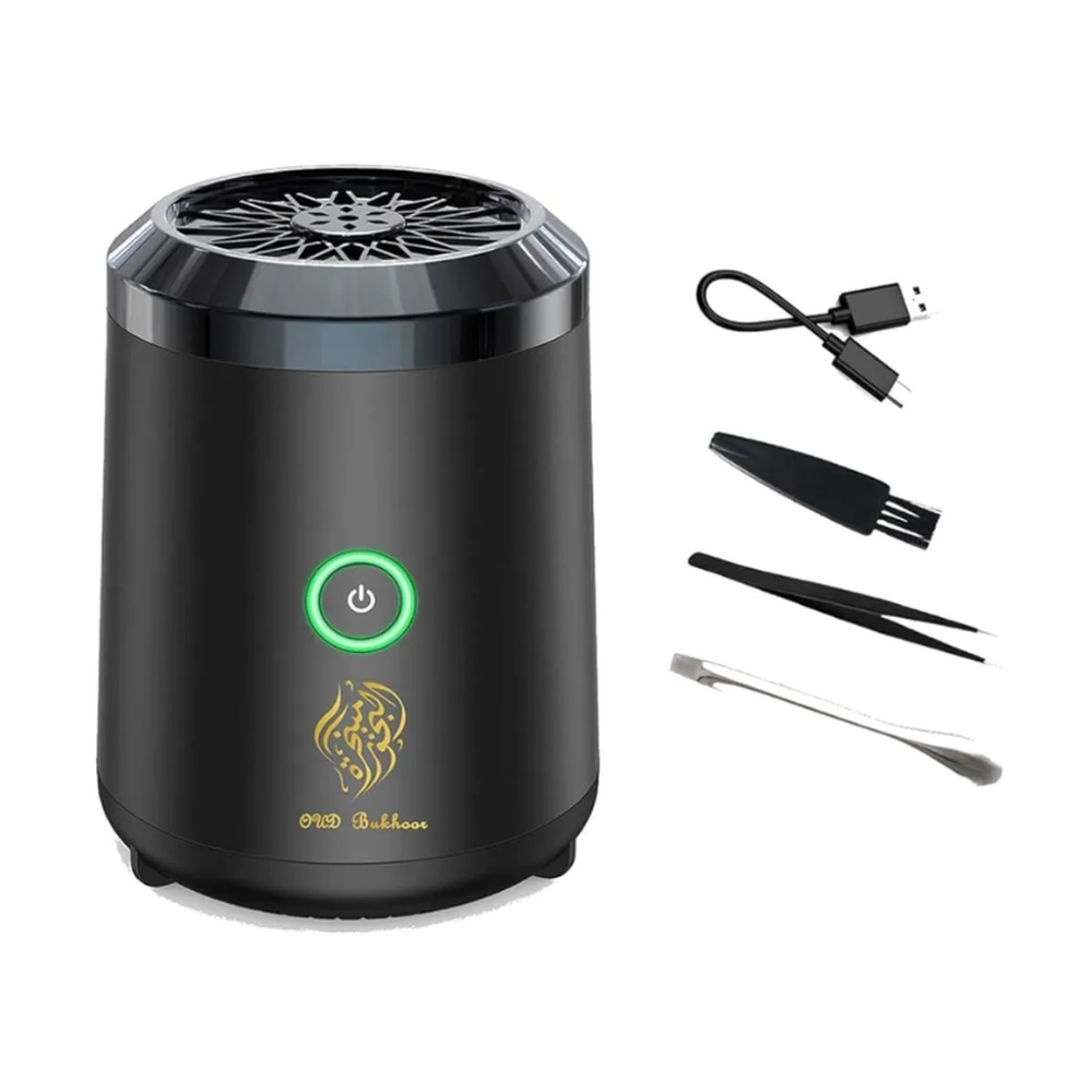 Black USB ceramic bakhoor burner with OUD Bukhoor logo and included accessories