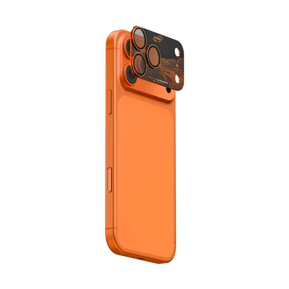 Black Skinarma camera lens protector for Orange iPhone 17 Pro Max with orange-rimmed lens openings
