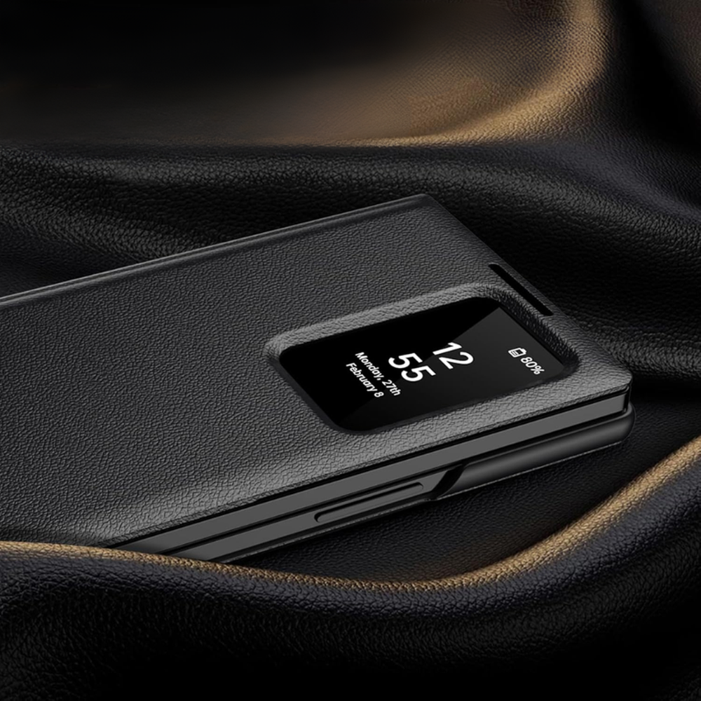 Black Galaxy Z Fold 6 Smart View case displaying time and battery through window