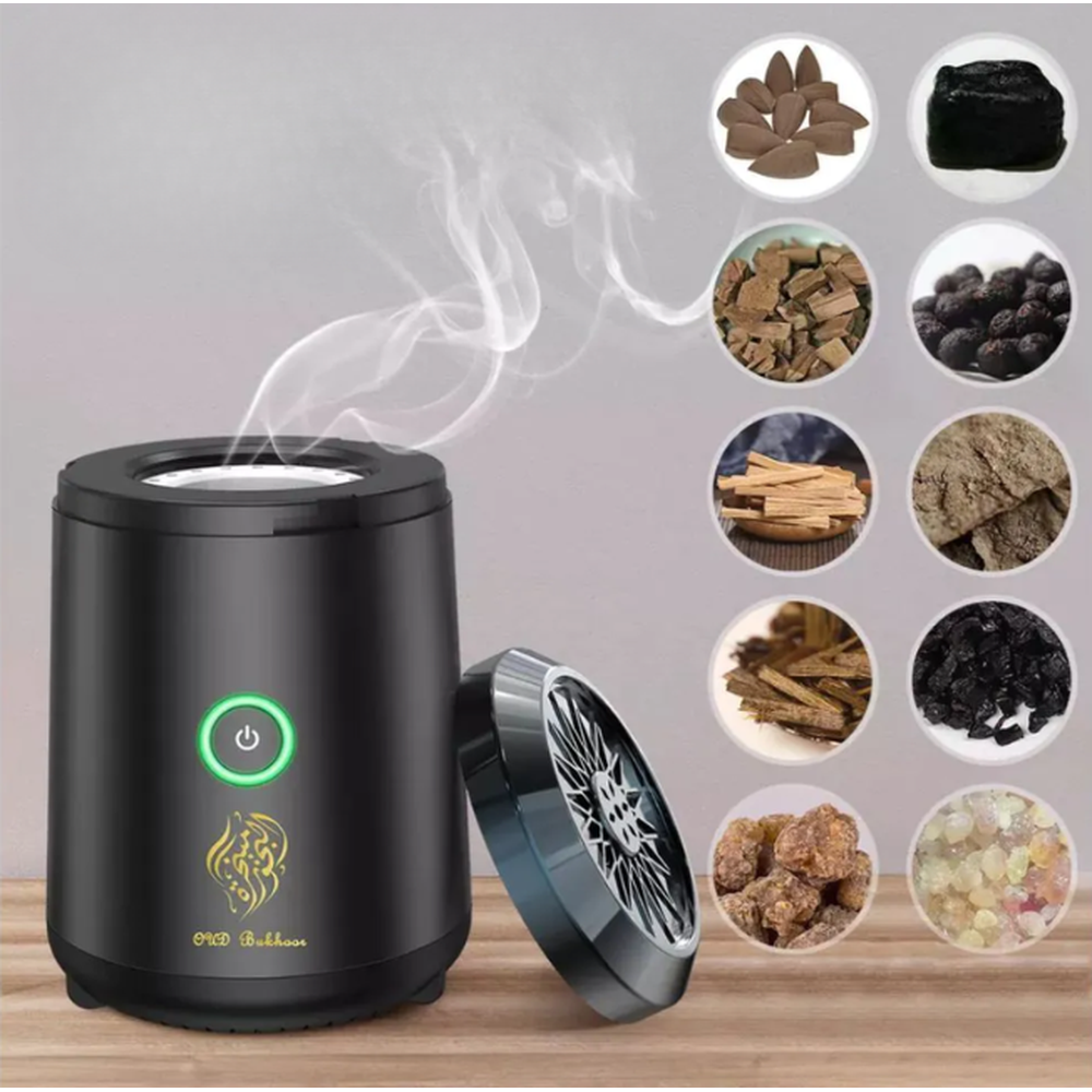 Open black OUD Bakhoor burner showing compatible solid aromatic materials