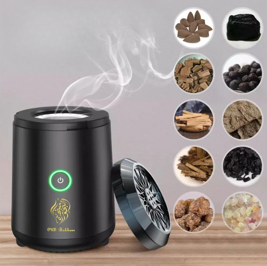 Open black OUD Bakhoor burner showing compatible solid aromatic materials