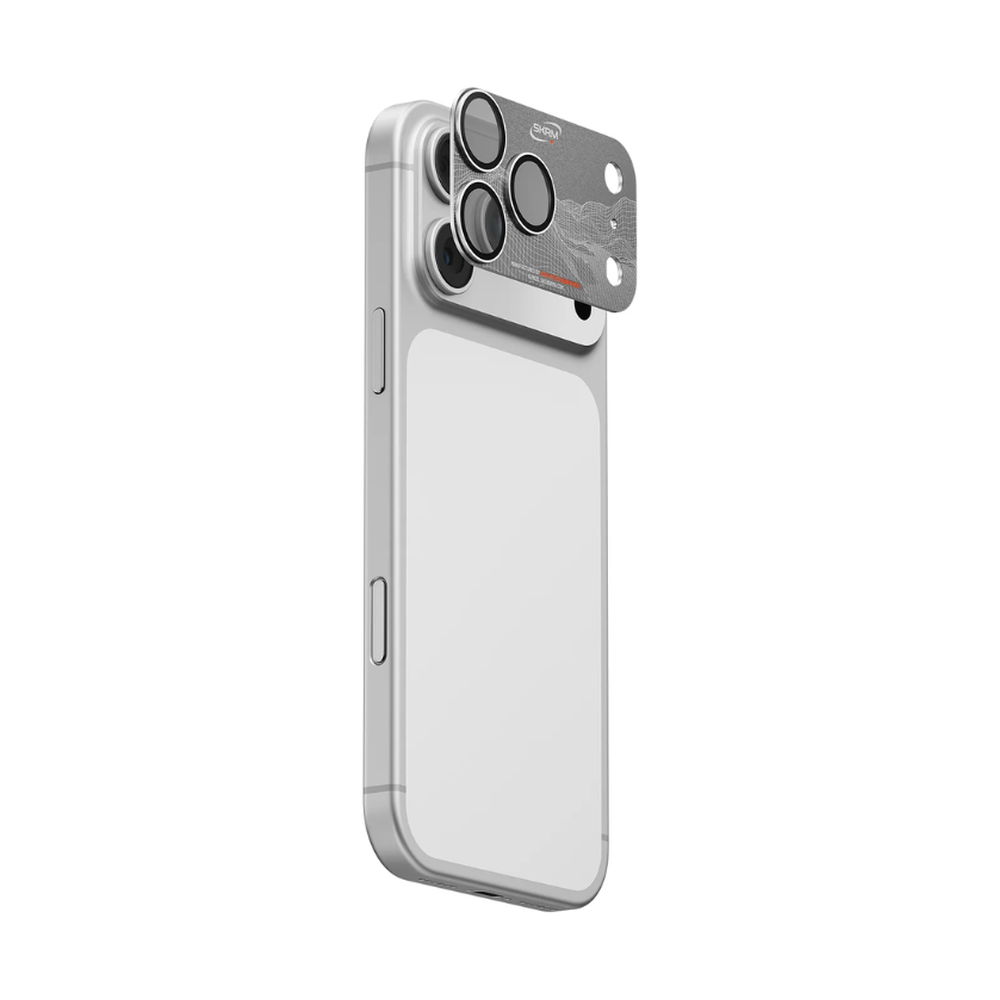Gray Skinarma tempered glass lens protector for iPhone 17 Pro Max showing wave texture and flash cutouts
