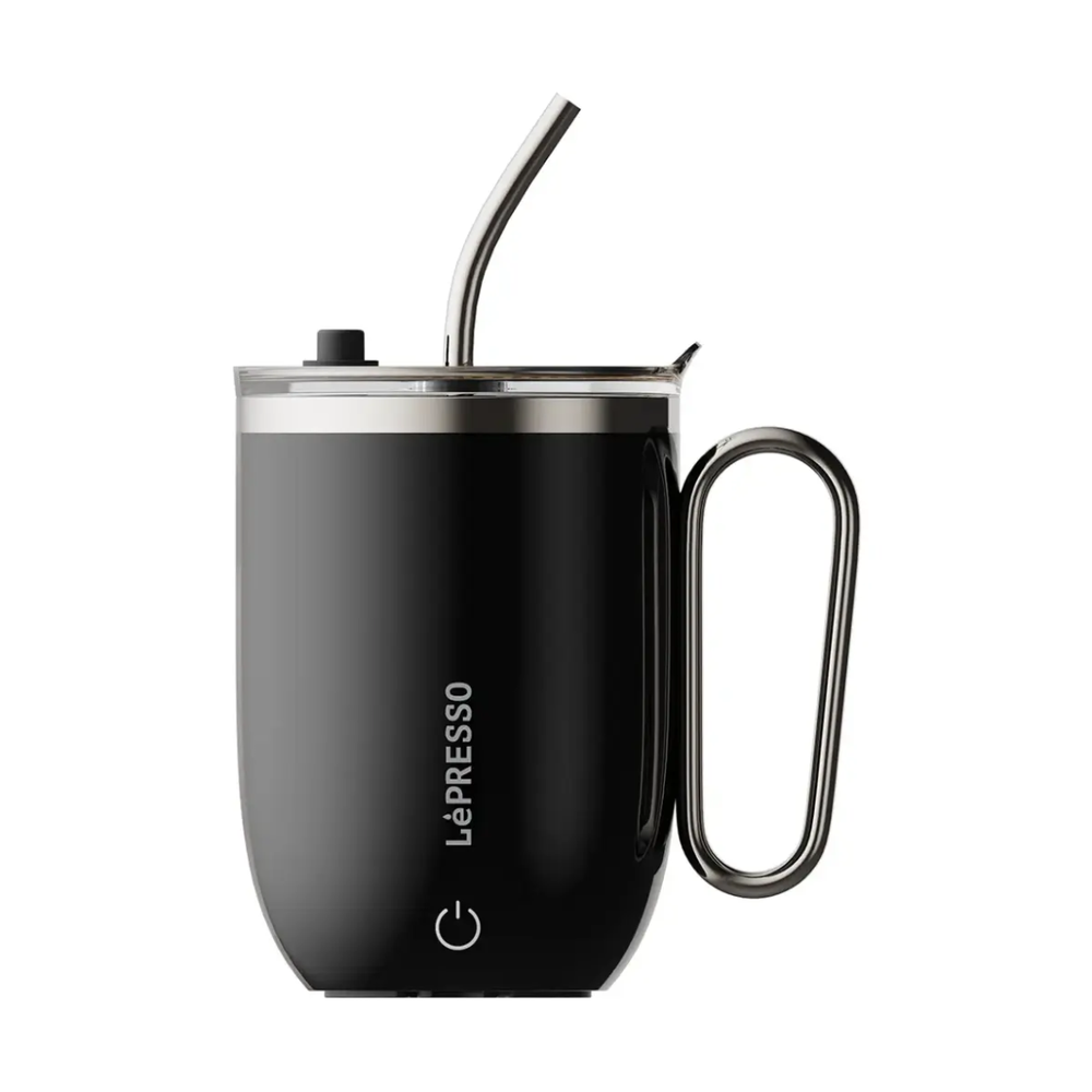 Lepresso black magnetic auto stirring mug front view white background