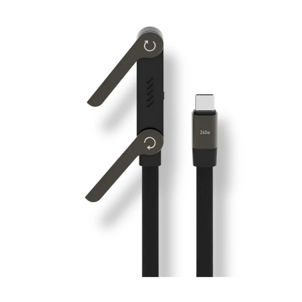 Open V-shape metal phone stand on 240W braided USB-C cable
