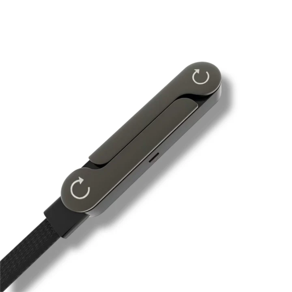 Black braided USB-C cable with integrated folding metal phone stand detail
