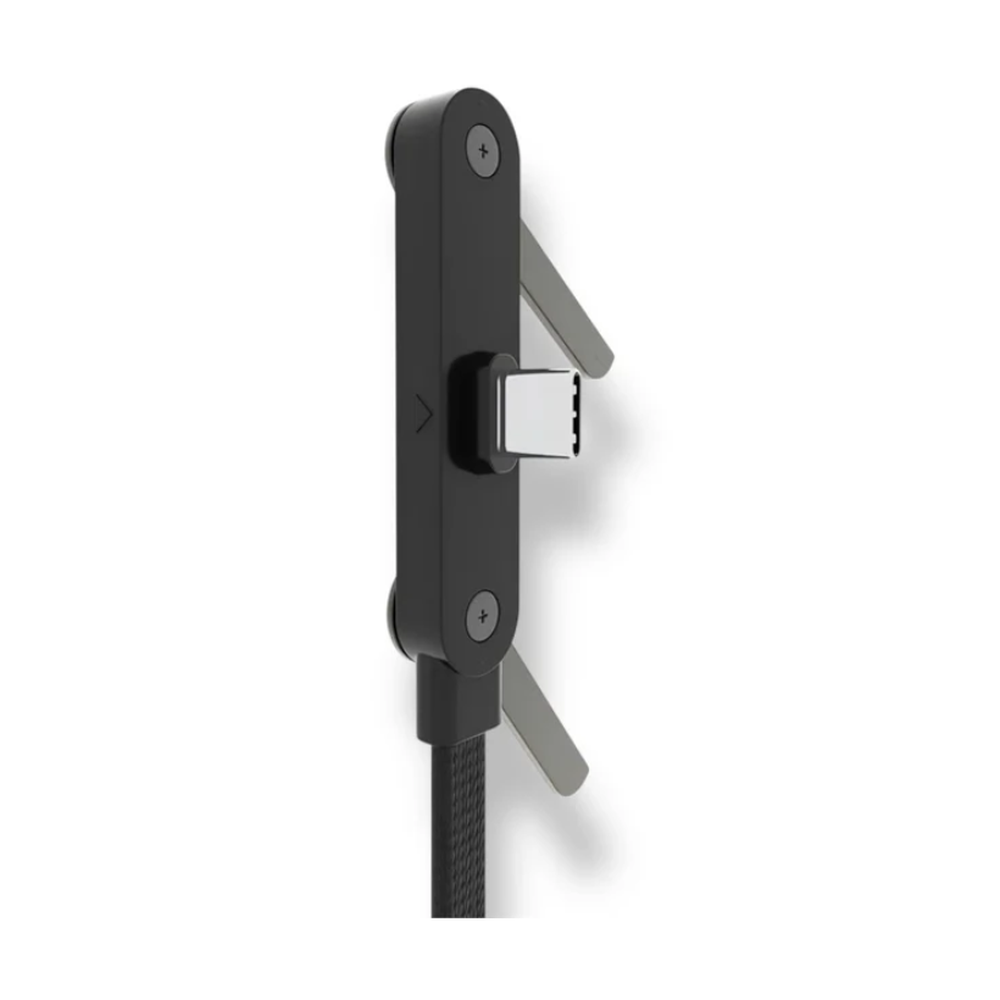 Side view of black metal phone stand attached to braided USB-C cable