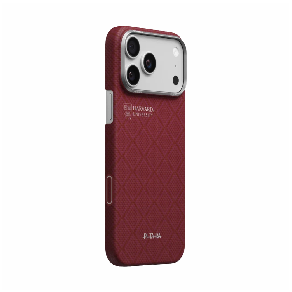 Three-quarter rear view maroon Pitaka Harvard University logo case