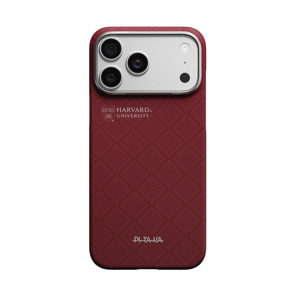 Front view maroon Pitaka Harvard University shield logo phone case