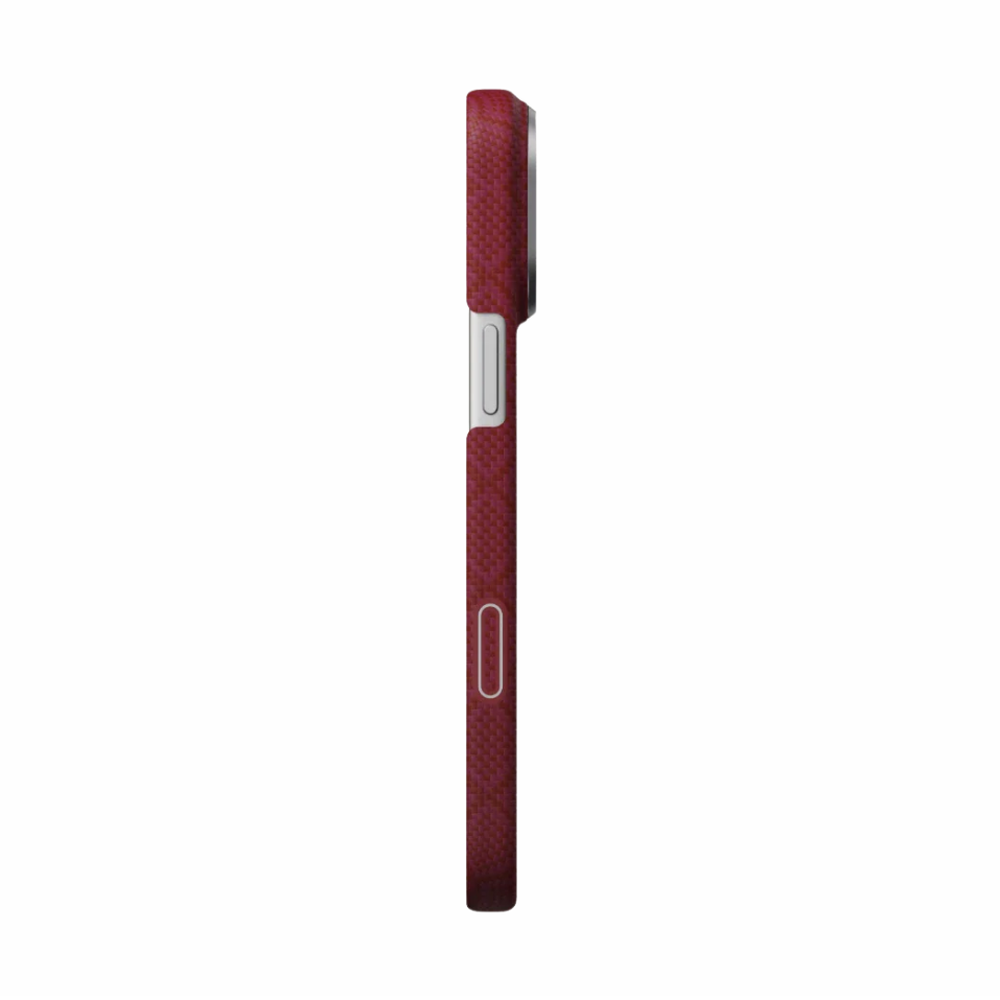 Maroon iPhone case side profile with button cutouts and silver camera frame