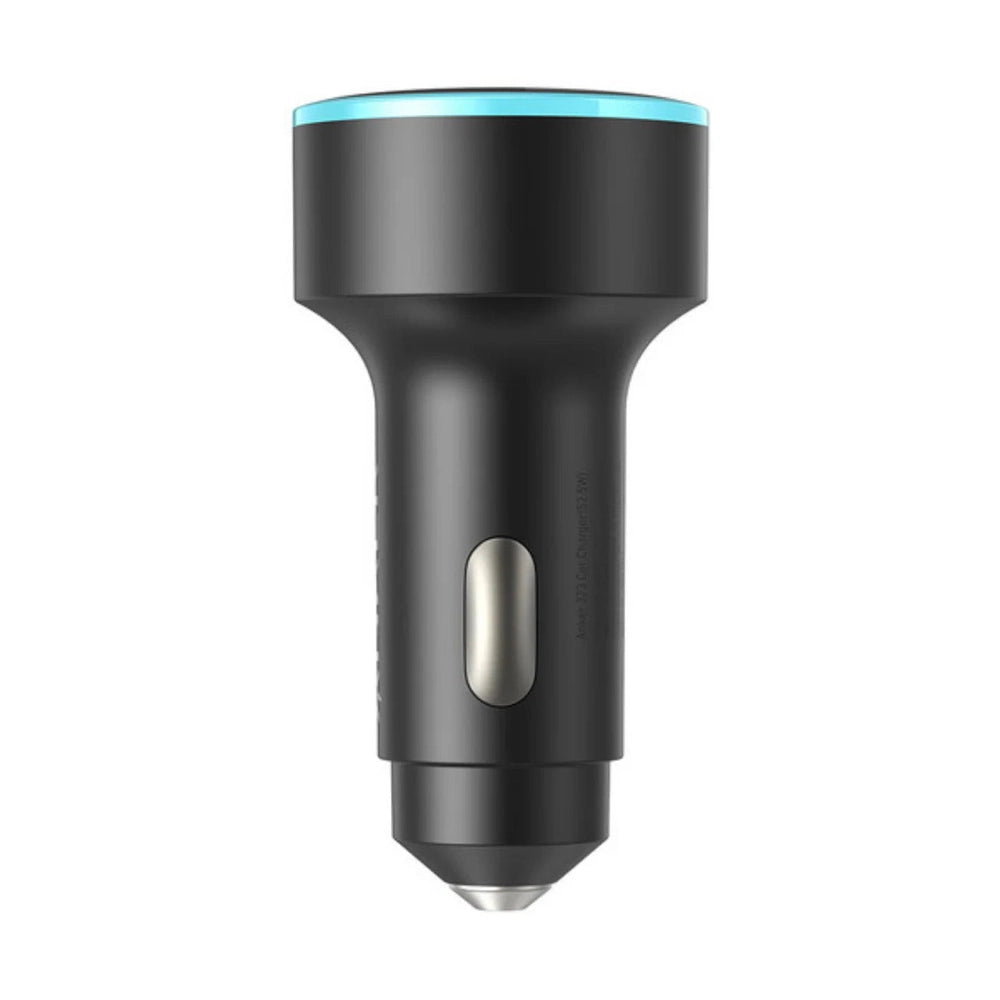 Black Anker 3-port car charger with metallic button and silver tip