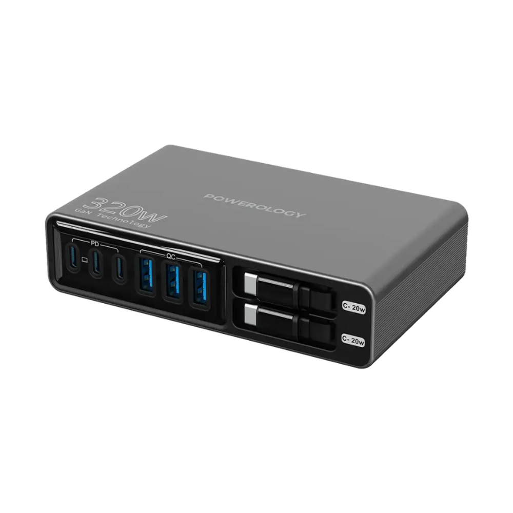 Top view of Powerology 320W multi-port USB-C and USB-A charging hub
