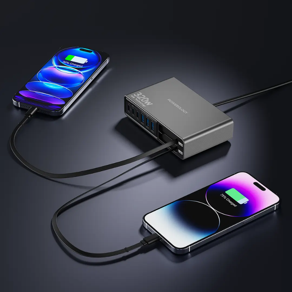Powerology 320W GaN charger powering two smartphones simultaneously