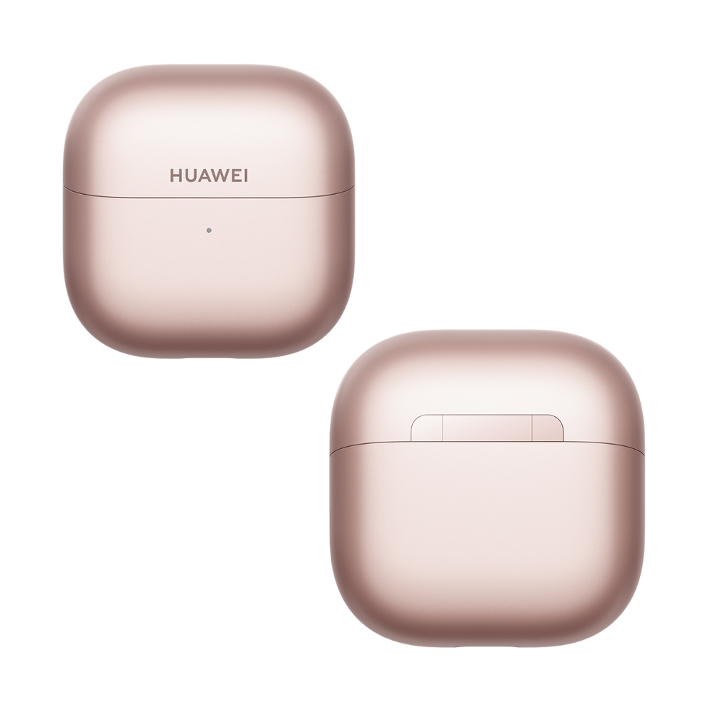 Rose gold Huawei wireless earbuds case on a white background