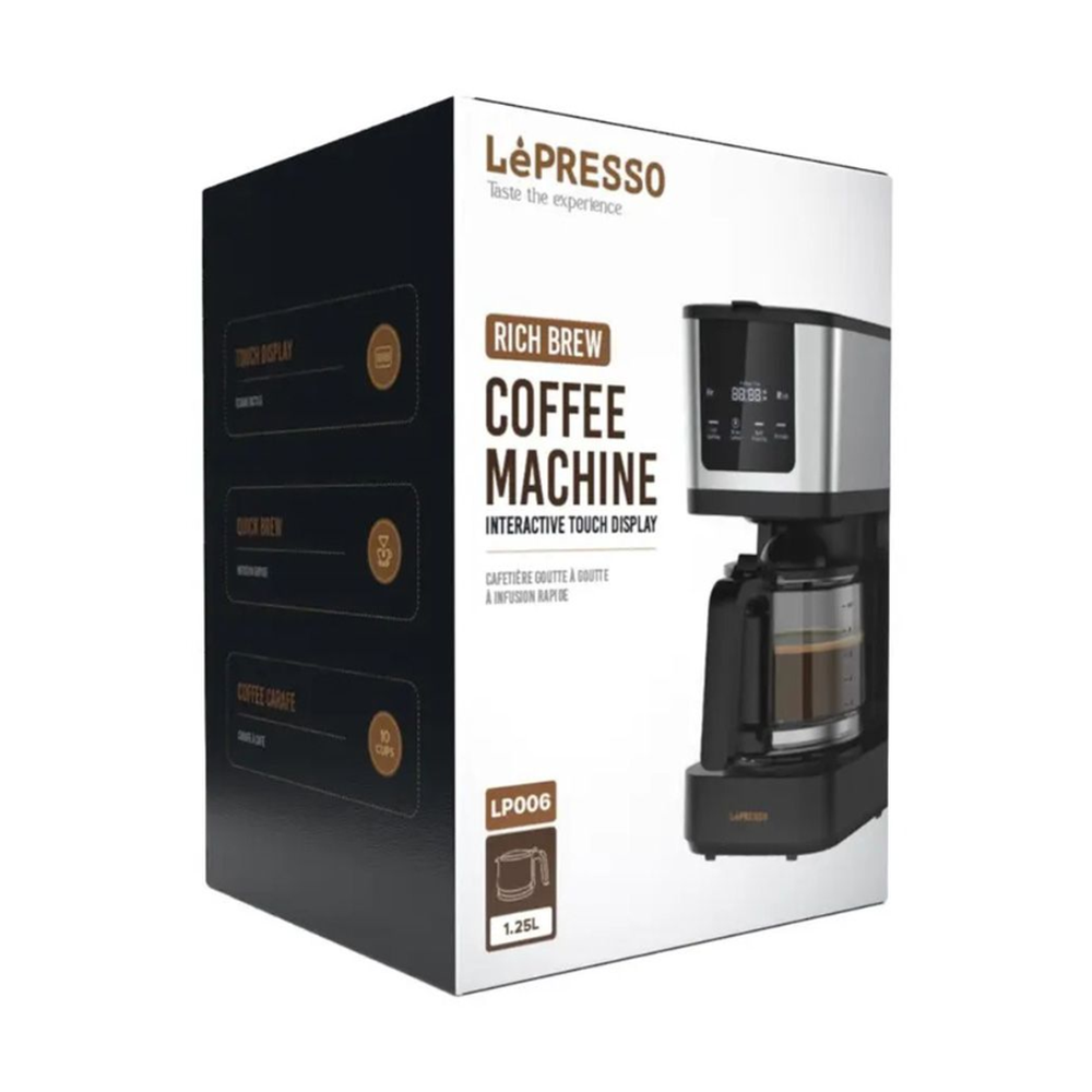 LÉPRESSO LP006 coffee maker packaging box showing interactive touch display