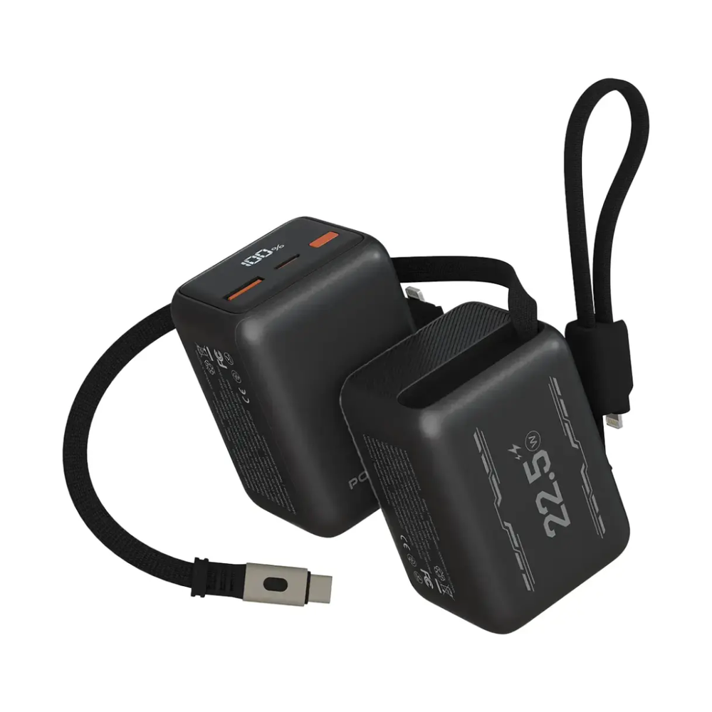 Black 20W PD power bank showing 100% charge with braided retractable USB-C to Lightning cable