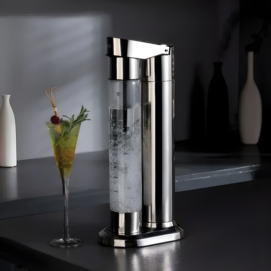 LePresso stainless steel soda maker with dual bottle system making sparkling water