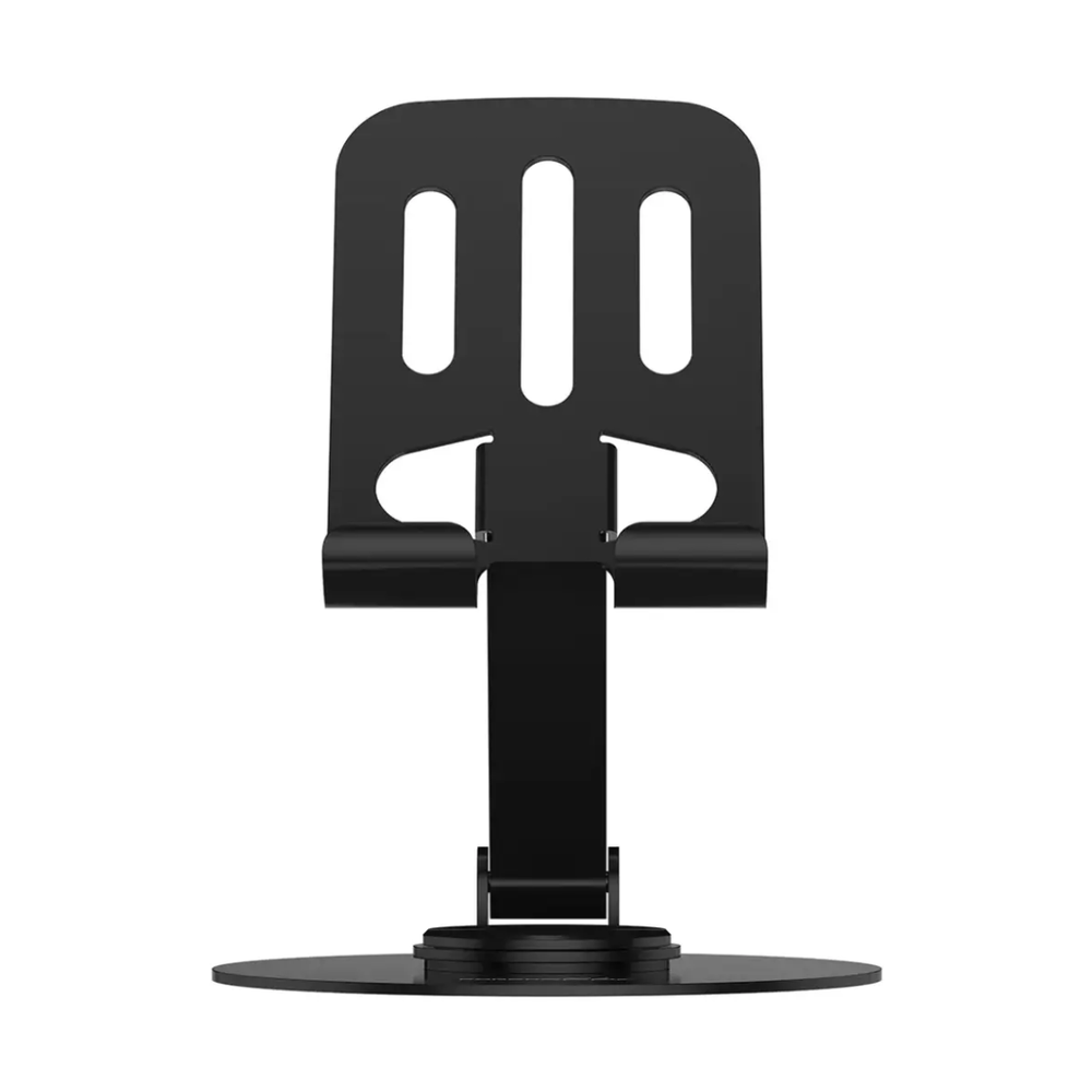 Black phone holder stand with circular rotating base and vertical slot backplate design
