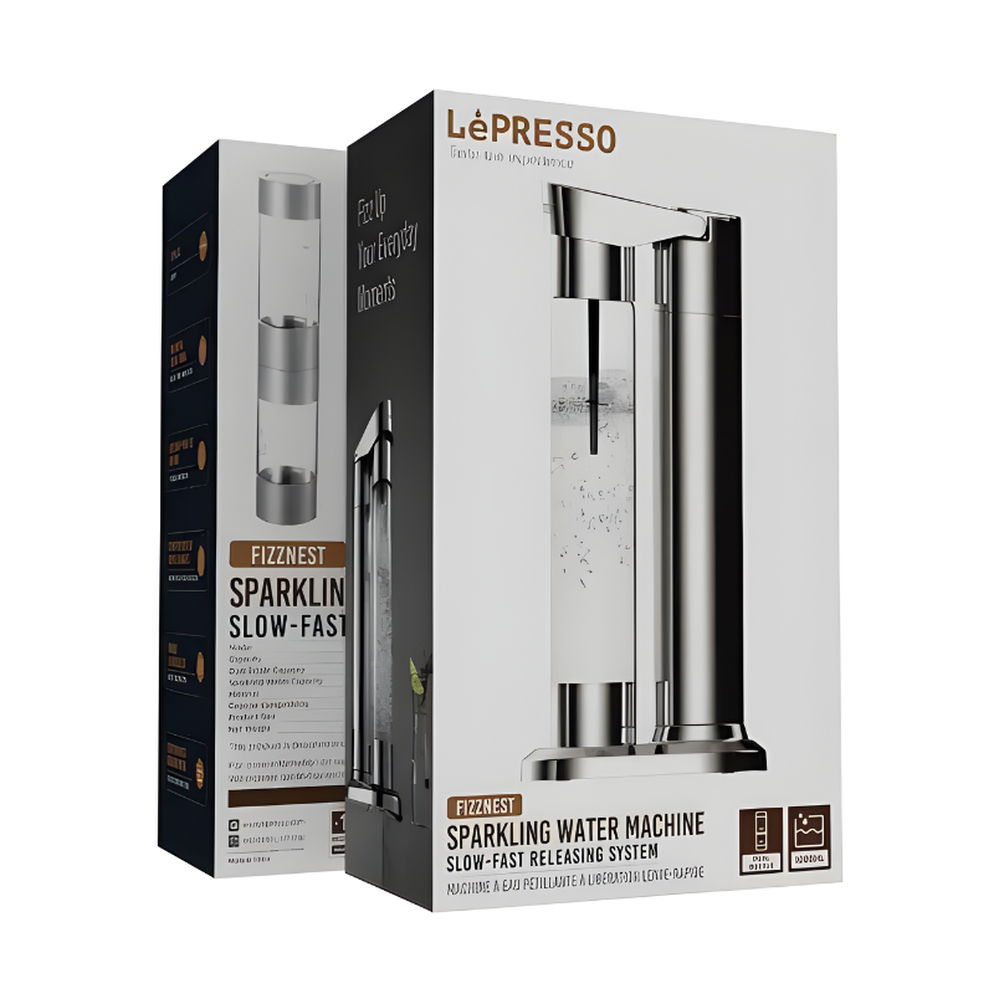 LePresso Fizznest sparkling water machine box showing slow-fast release system