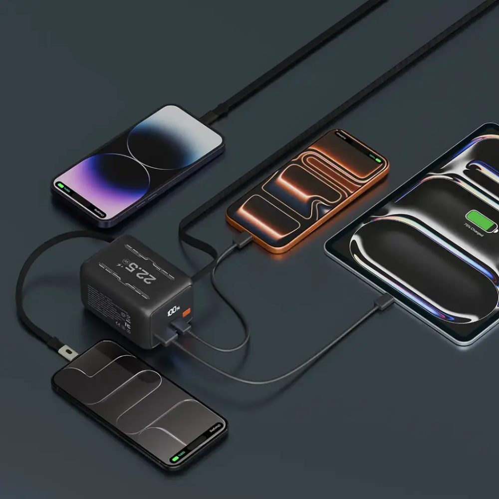 Black 10000mAh power bank with retractable Type-C cable and LED display charging multiple phones