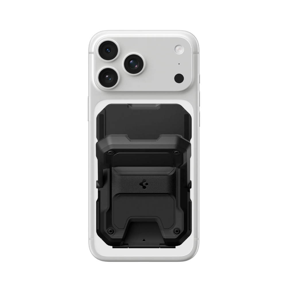 Back view of black Spigen Tough MagSafe wallet with reinforced corners and camera cutout
