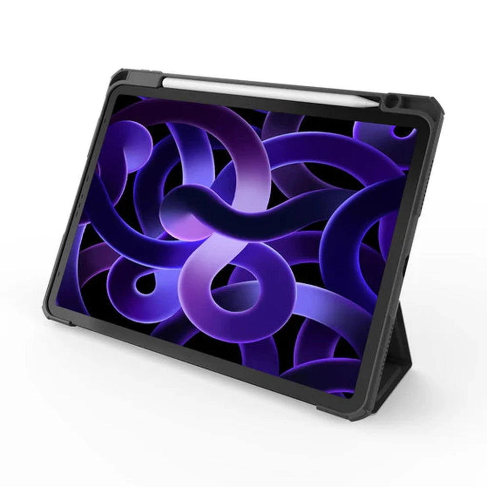 Black tablet case with purple swirl screen pattern and side stylus holder in stand mode