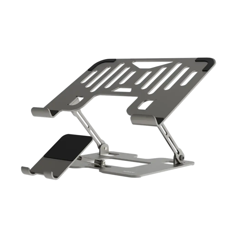 Side view of portable folding metal device stand showing adjustable height and locking mechanism