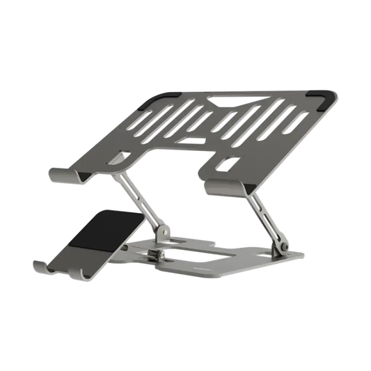 Side view of portable folding metal device stand showing adjustable height and locking mechanism
