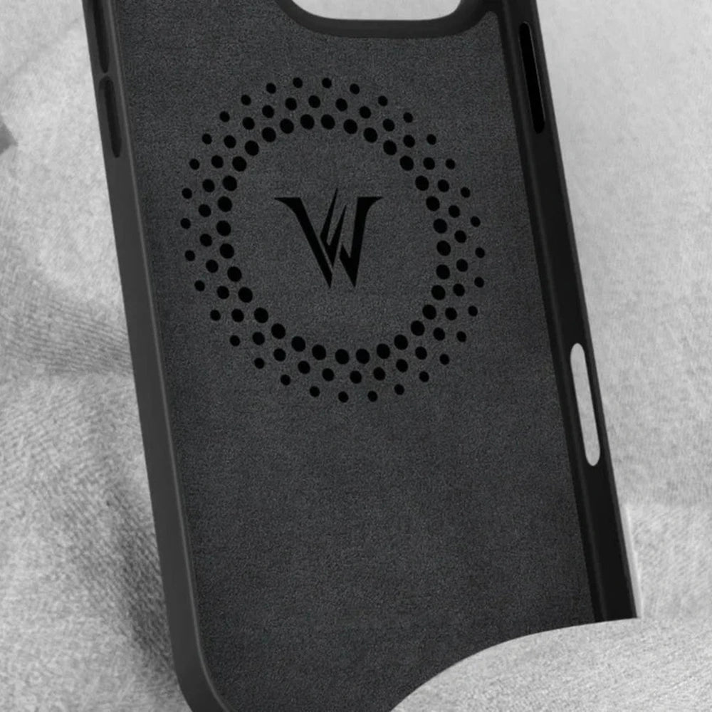 Black Wolf Store phone case interior with textured lining and logo