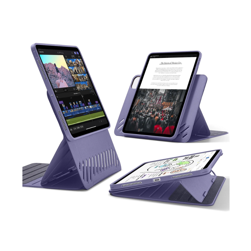 Purple ESR iPad Air Shift case with fabric texture and multi-angle support