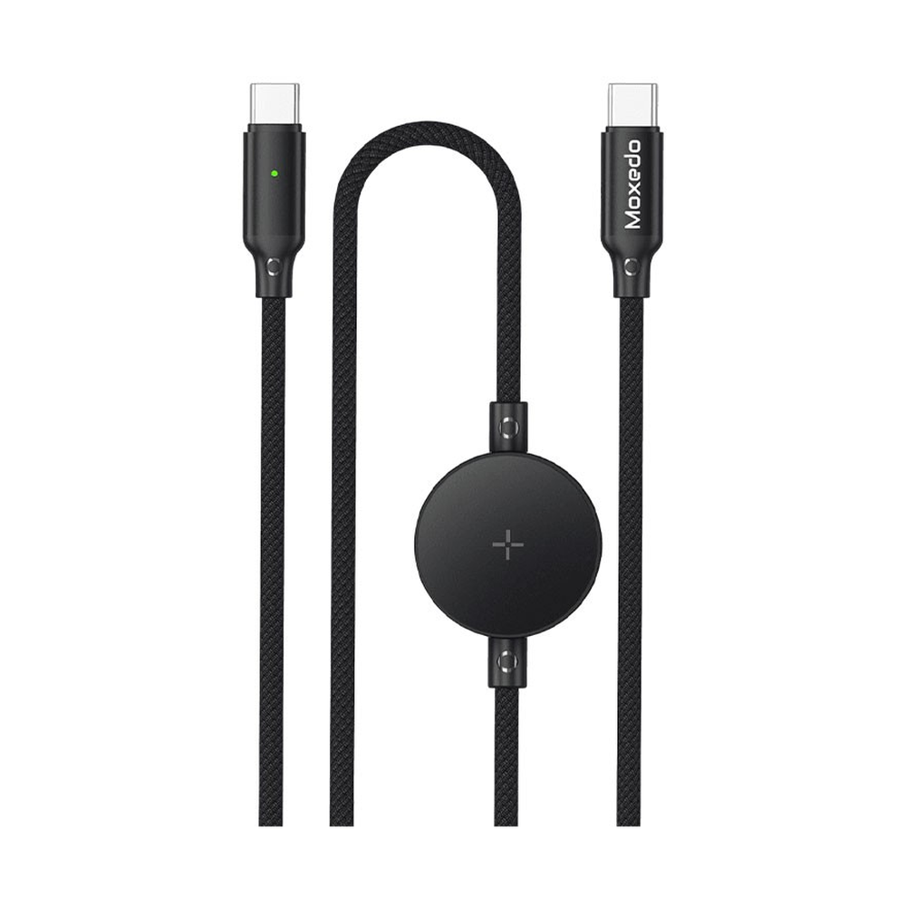 Moxedo black braided USB-C cable with integrated wireless Galaxy Watch charger and 60W fast charging