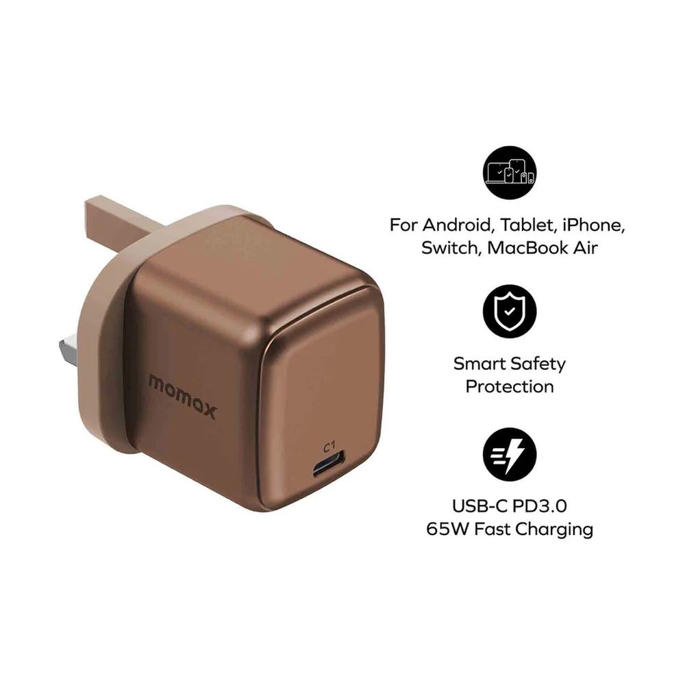 Momax 65W USB-C PD 3.0 charger showing UK prongs and device icons