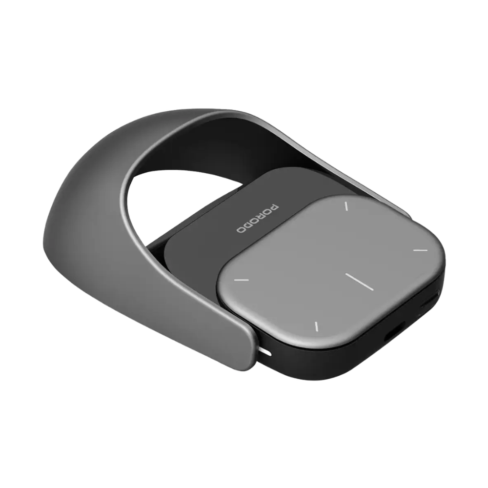Porodo smart mouse in brushed metal stand showing USB-C port