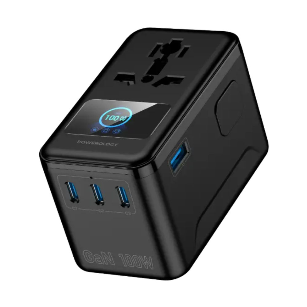 Powerology universal travel adapter showing TFT screen, 4 USB ports, and plug outlines