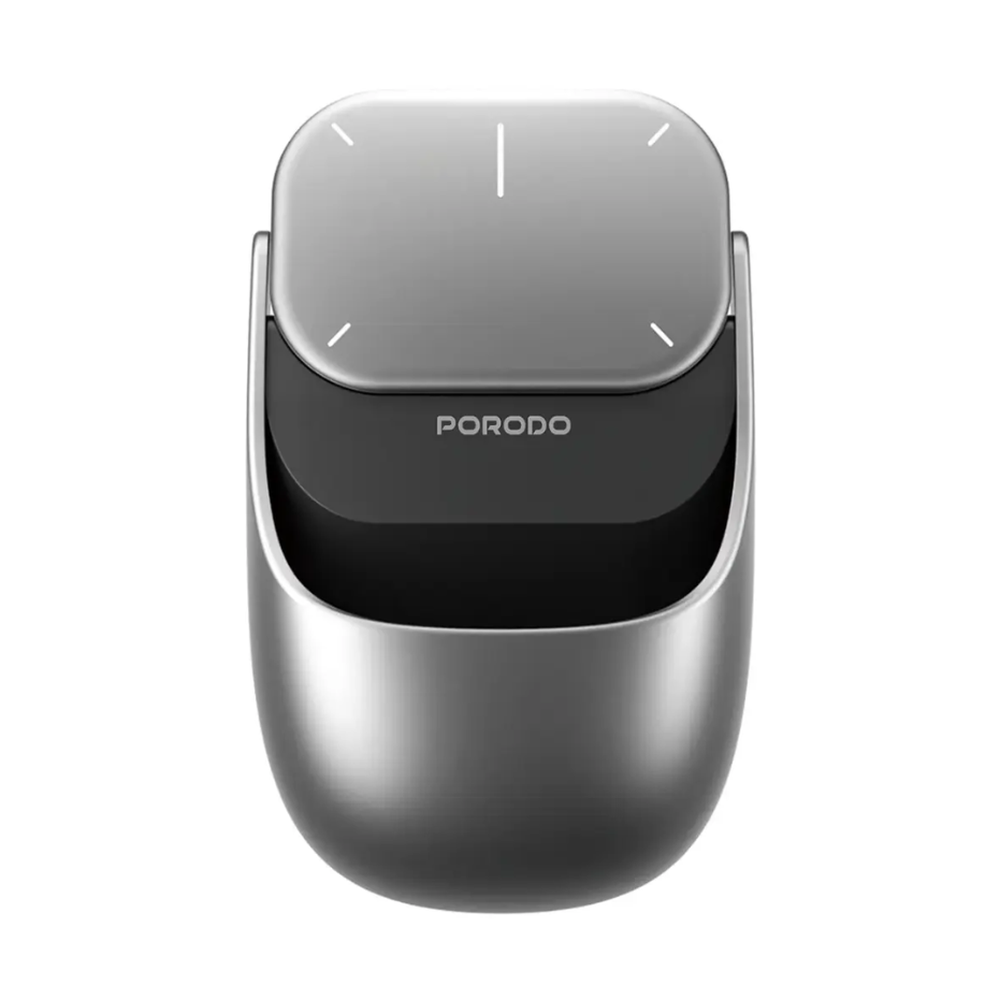 Porodo sleek dark gray wireless mouse seated in minimalist stand