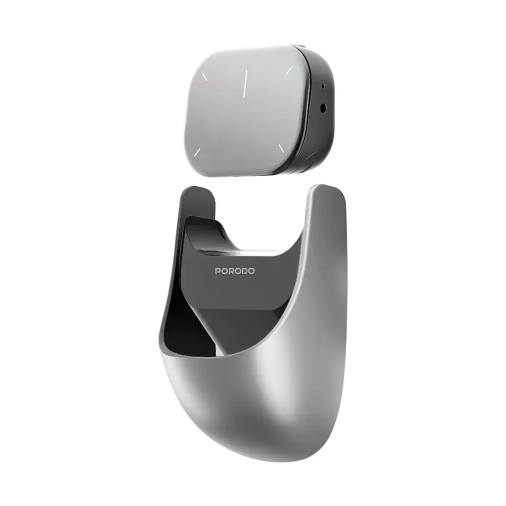 Porodo presentation mouse floating above matching U-shaped charging stand