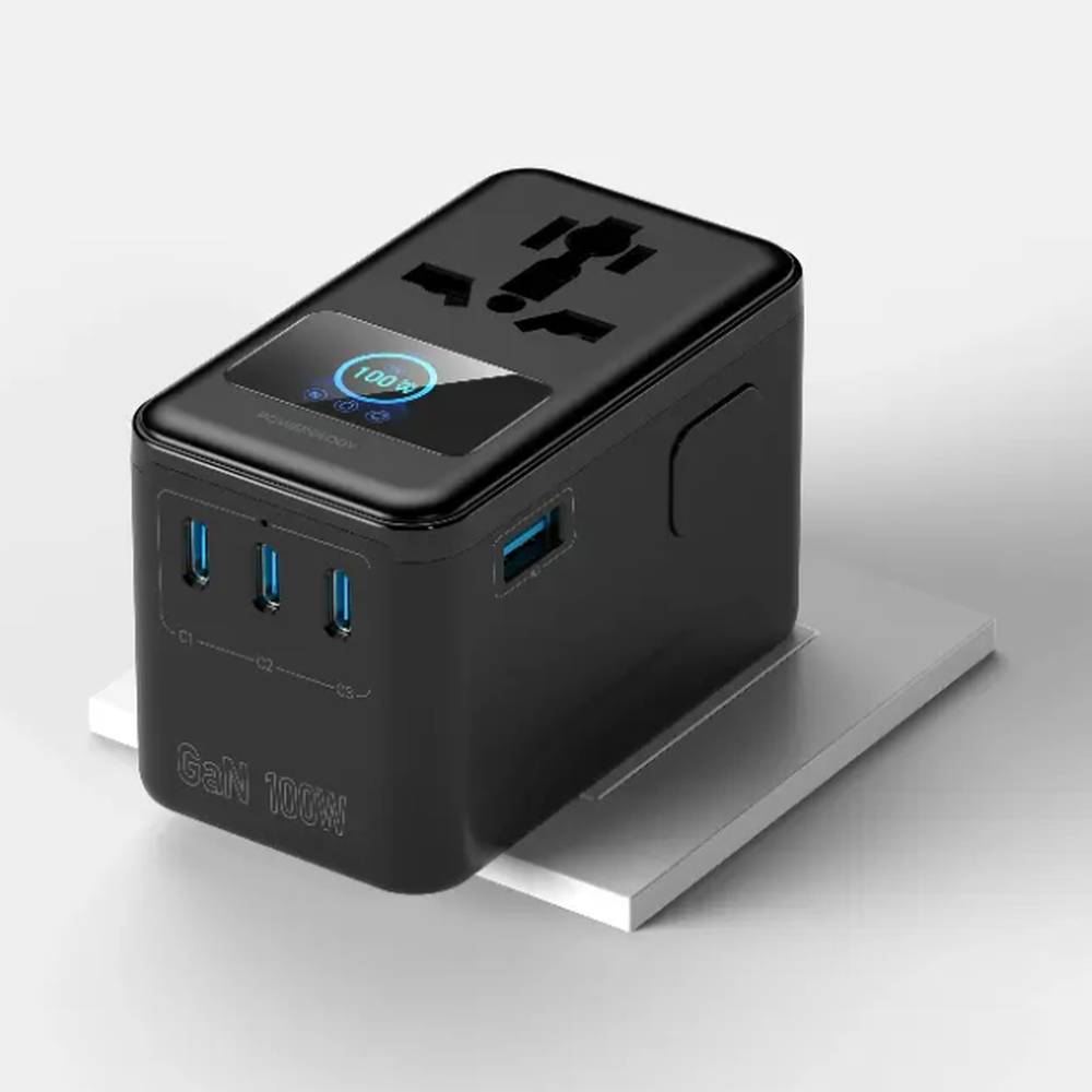 Black Powerology 100W GaN travel adapter with 3 USB-C ports and smart display