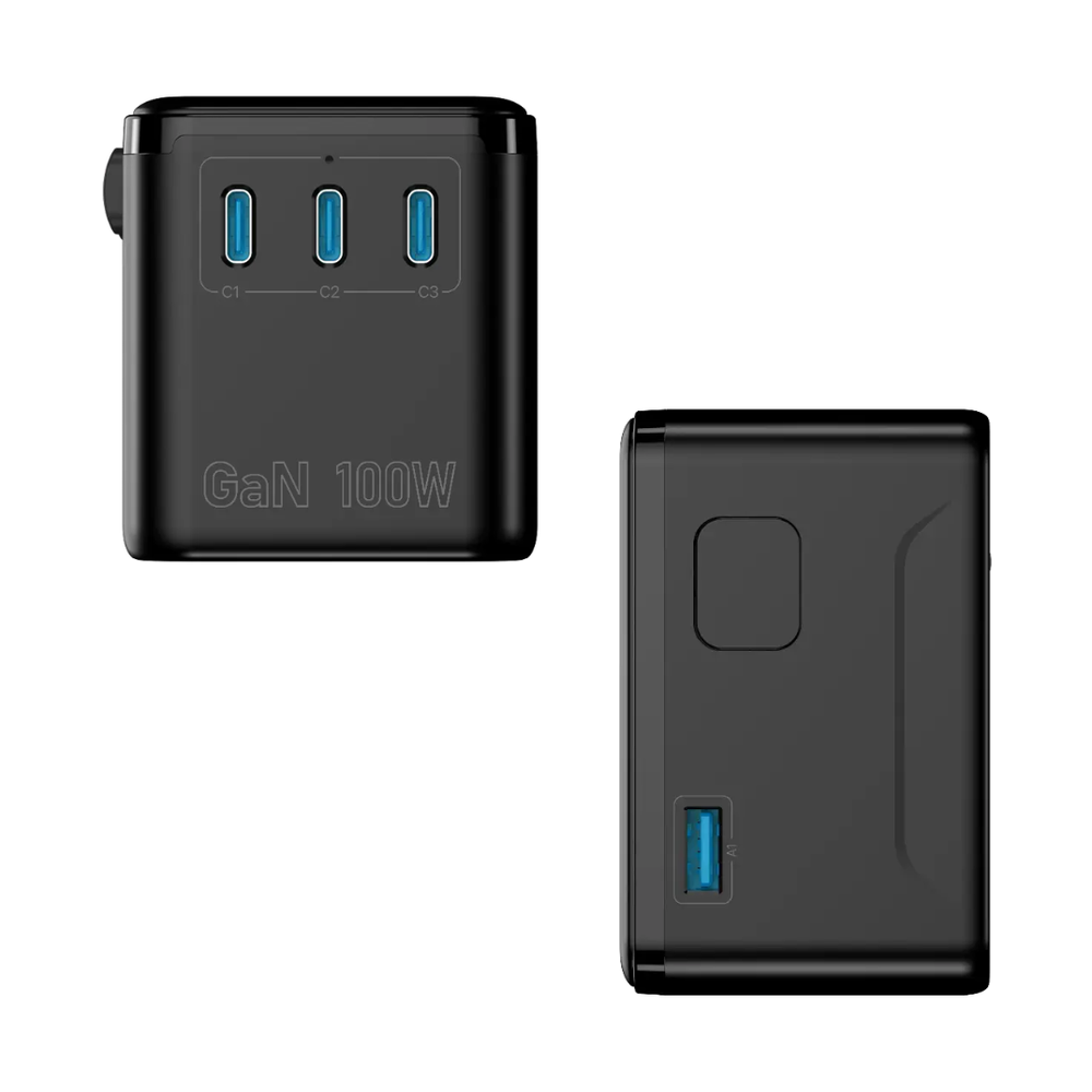 Side view of black Powerology adapter featuring USB-A port and matte finish design